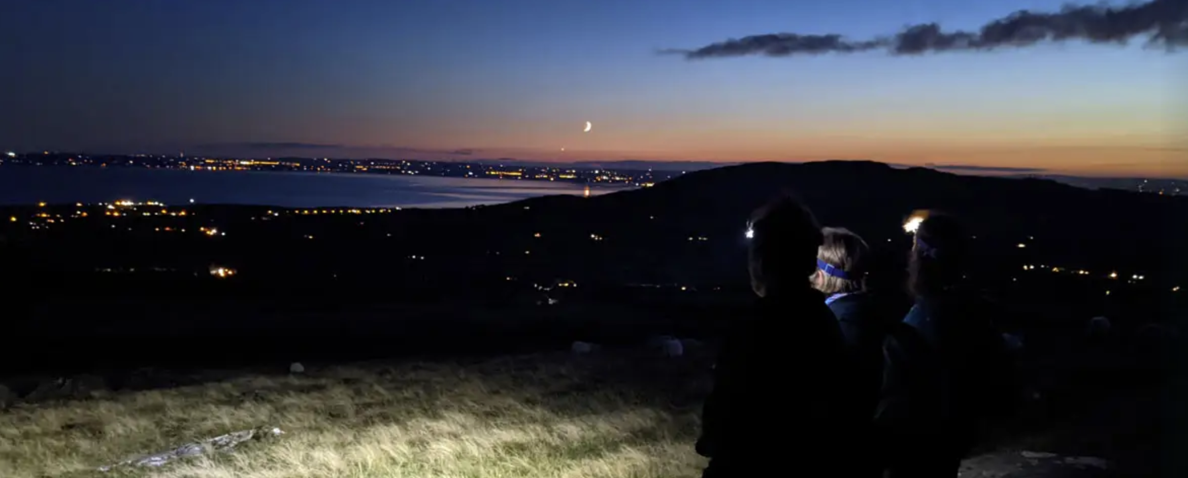 Carlingford night sky walk, 3 people with head torches, looking at the night sky